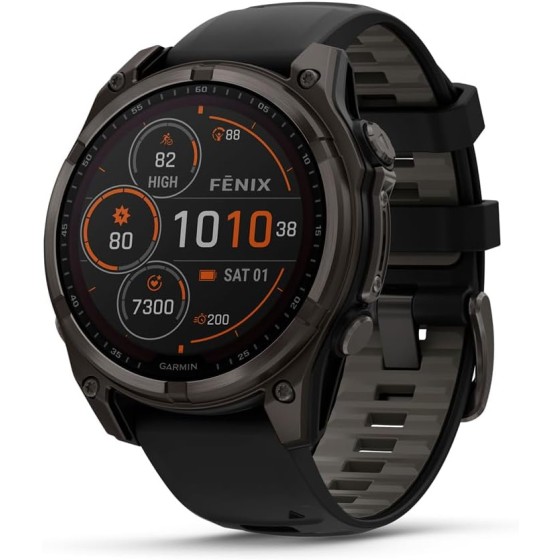 Garmin fēnix® 8 – 47 mm,Solar,Sapphire,Premium Multisport GPS Smartwatch, Long-Lasting Battery Life,Dive-Rated, Built-in LED Flashlight, Carbon Gray DLC Titanium Bezel Black/Pebble Gray Silicone Band