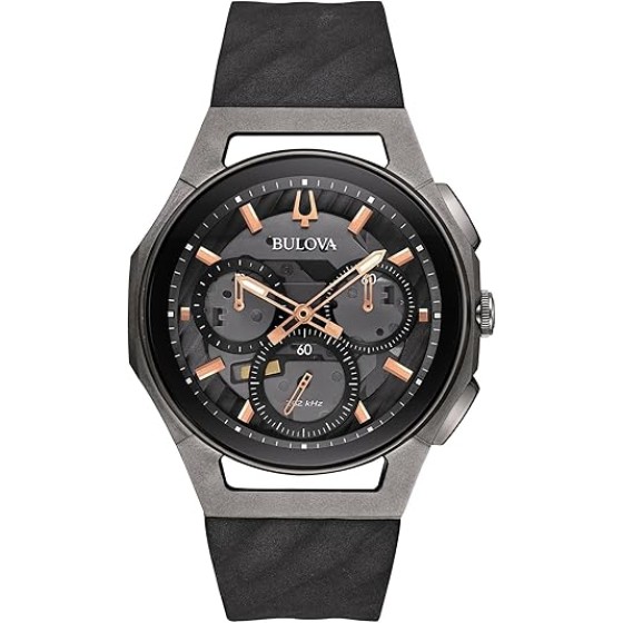 Bulova CURV Chronograph Watch, Black Titanium Case, Silicone Strap, 44mm, 98A162