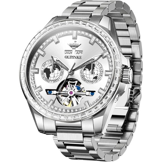OUPINKE Watch for Men Automatic Wristwatch 3D Dial with 5ATM Waterproof Luminous Calendar Skeleton Watches-Sapphire Crystal Tungsten Steel Strap