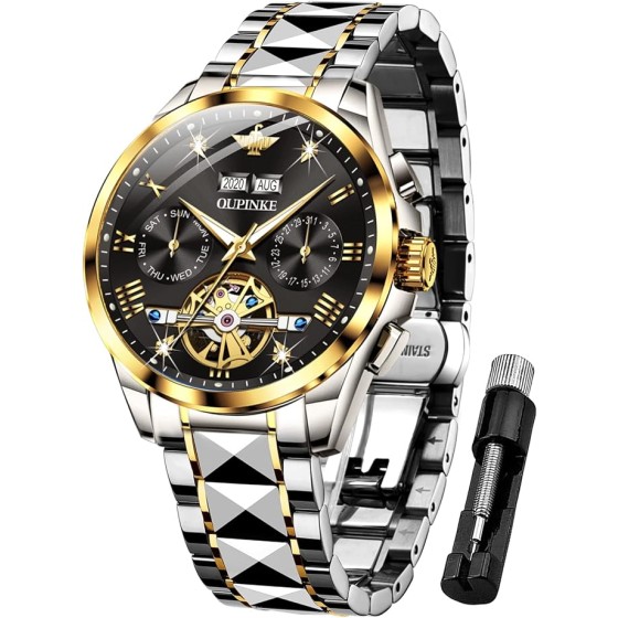 OUPINKE Mens Watches Automatic Skeleton Tourbillon Self Winding Luxury Sapphire Crystal Business Dress Wristwatch