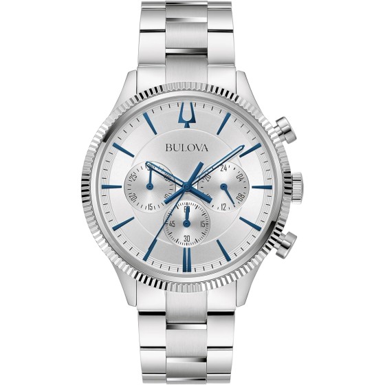 Bulova Men's Classic 6-Hand Chronograph Quartz Silver Stainless Steel Watch, 24 Hour Time, Luminous Hands, 43mm, Style:96A321