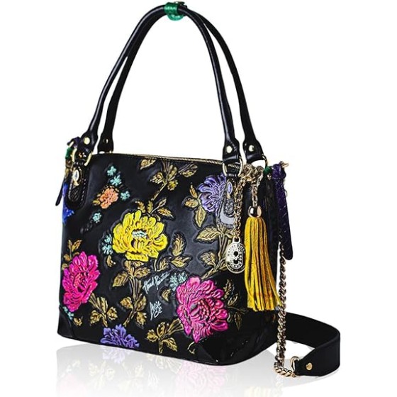 Leather Handbags Purse Slouchy Hobo Colorful Handpainted Peonies Onyx Leather Tote Satchel Italian Designer Bag