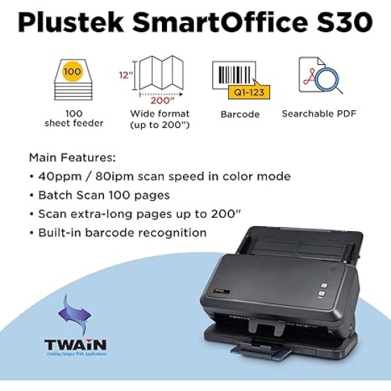 Plustek Wide-Format Color Duplex Document Scanner S30, for Large-Format Document Scan, Scans Wide Up to 12" and Long Up to 200", 100-Sheet Duplex Auto Document Feeder