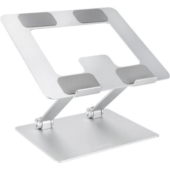 Amazon Basics Sturdy and Portable Ergonomic Laptop Stand for Desk, Height Adjustable Riser with Ventilated Cooling, Foldable, Fits all Laptops up to 15.6 Inch, Silver