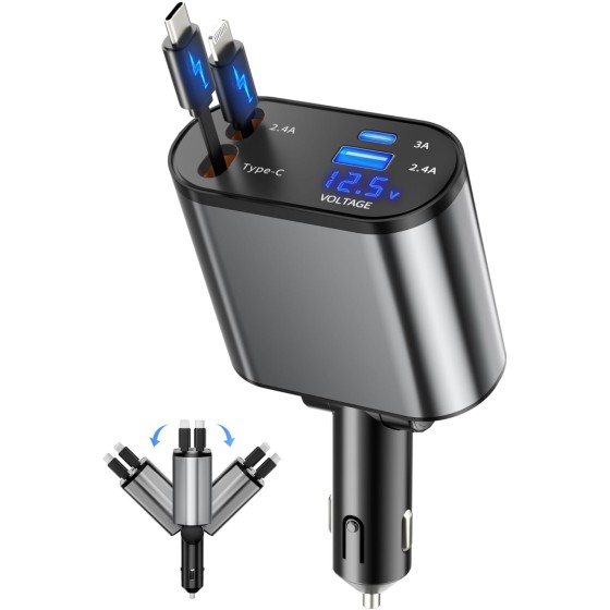 BERTHALESS Retractable Car Charger, 4 in 1 Fast Charging Car Charger with USB-C & USB-A, Compatible with iPhone 17/16/15/14/13/12/11,Galaxy,Pixel, Car Accessories for Men Women Drivers